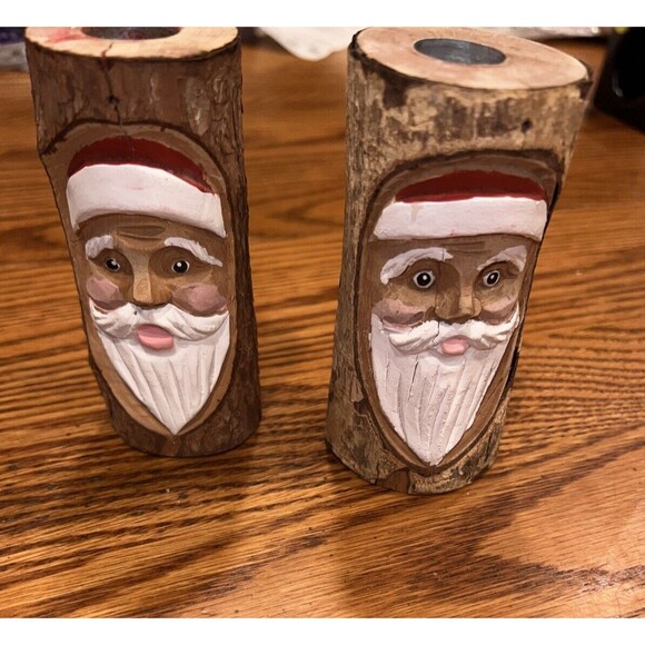 Santa Taper Candle Holder Midwest Hand Carved Wooden Set Rustic Christmas Decor - Picture 8 of 8